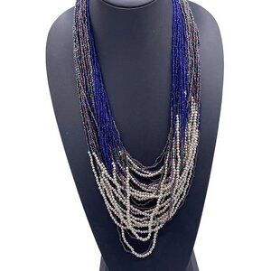 Aldo Blue and Silver Beaded Layered Multi-Strand Necklace Silver Tone